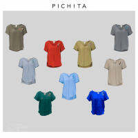 Shell Top V-shaped Crew Neckline / เสื้อ แขนสั้น คอวี ผ้าไหม ปัก