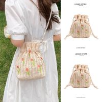 French retro straw woven bag Messenger pearl small bag female 2023 new tulip woven bucket bag 【BYUE】