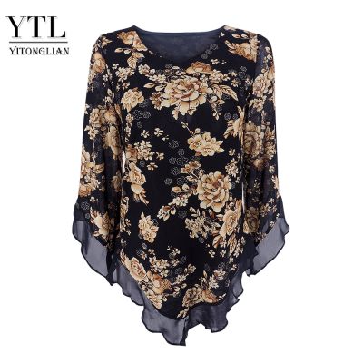 ♤๑ Floral Print Scarf V Neck Top Mesh Blouse Size Loose V-hemline Shirt H369