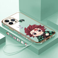 Volans เคสเคสสำหรับ Apple iPhone 15 Plus 15 Pro Max,ฟรีสายคล้องการ์ตูนอนิเมะ Demon Slayer Tanjirou ลายขอบสี่เหลี่ยมชุบเคสโทรศัพท์หรูหราชุบเคสโทรศัพท์นิ่ม