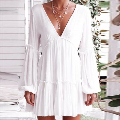 ℗ Women Sexy Deep V-Neck Backless White Dress Ladies Elegant Hollow Out Bohemian Beach Dresses WL58