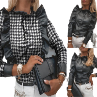 Fashion Ruffle PU Leather Houndstooth Shirt Women Blouse Spring Slim Long Sleeve Tops Office Lady Casual Button Plus Size Blusa