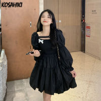 KOSAHIKI Elegant Square Collar Drape Ruffle Dress Sexy Backless Solid Bow Party Dress Ruffle Sleeve Elastic Waist Women Dresses