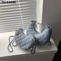 ♚♚♨ Cowboy cloth bag female new 2023 fashion chain ling grid inclined shoulder about appearance summer recreation joker