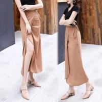 COD DSFERTGERRYYY Women wrap skirt High Waist long Maxi Skirts Pure color chiffon Korean style lace-up one-piece skirt