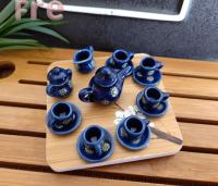 Fre 9pcs dollhouse Miniature Porcelain Blue Printing Tea Cup set บนโต๊ะอาหารห้องครัว