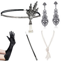 20211920s Flapper Accessories Set Great Gatsby Costume Diamond Headband Necklace Gloves Earring Holder Women Gala Party