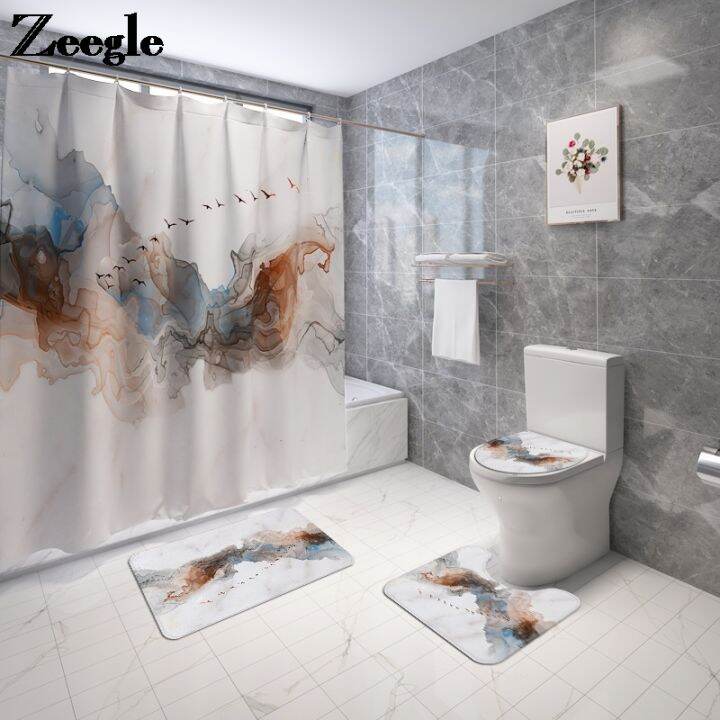 zeegle-polyester-waterproof-shower-curtain-and-bath-mat-set-absorbent-toilet-mat-non-slip-floor-carpet-rug-bathroom-carpet-rug