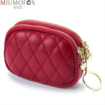 Luxury nd Double Zipper Coin Purse for Women Small Wallet Genuine Leather Keychain Mini Change Pocket Organizer Short Purse