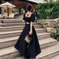 COD DSFGRDGHHHHH {Ready Stock COD} Large Size French Retro Square Neck Fat Sister Halter Dress 2022 Summer New Style Waisted Slimmer Look Classy Long Skirt Women