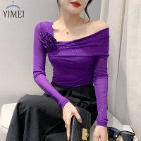 YIMEI เสื้อยืดผู้หญิงสีม่วงพรีเมี่ยม,เสื้อชุดเป็นประกายเปิดไหล่เปิดแขนยาวสไตล์ฤดูใบไม้ร่วงล่าสุด2023