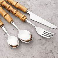 24Pcs Gold Stainless Steel Dinnerware Set Bamboo Handle Cutlery Set Steak Knife Forks Spoon Flatware Kitchen Tableware With Rack