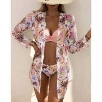 【JH】 Three Pieces Set Cover Up 2023 New Push Twist Swimsuit Print Sleeve Swimwear Biquini Bathing