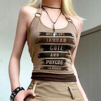 ☸☽ Scrap Soil Contrast Printed Halter Camisole Hot Girl Slim-fit All-match Ins Slim-fit Sleeveless Top