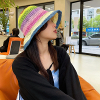 Weave Sun Protection Hat Handmade Crochet Bucket Hat Summer Striped Bucket Hat Rainbow Striped Sunblocking Rainbow Hat Straw Sun Woman