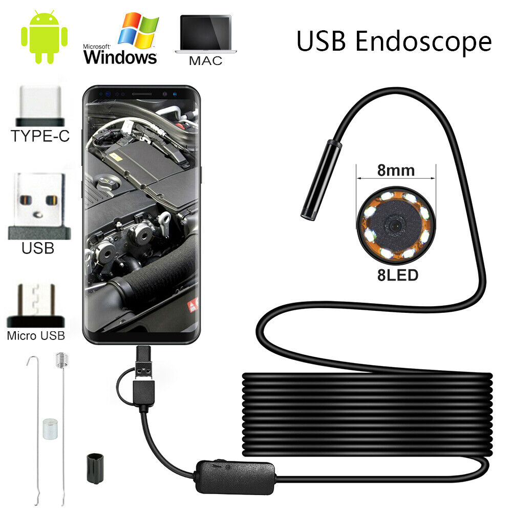 USB Endoscope Borescope Waterproof Snake Camera 6 LED für Mac OS Android Windows