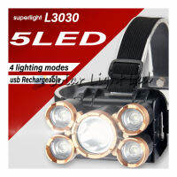 flashlight headlamp 5 LED Outdoor  Rechargeable usb 3030 ไฟฉายคาดหัว