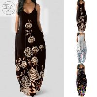 COD DSFGRDGHHHHH Spaghetti Strap Maxi Dress Oversize Printed Summer Women Sling Suspender Long Skirt Ankle-length Beach V Neck Longuette