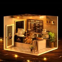 23New DIY Dollhouse Wooden Doll House Coffee Shop With Dust Cover LED Furniture Dust Cover For Children Birthday Gift