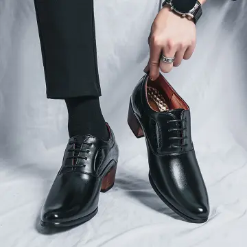 Mens Genuine Leather Lace Up Height Increasing Shoes Designer Pointed Toe  Leather Shoes High Heel Oxford Men Shoes