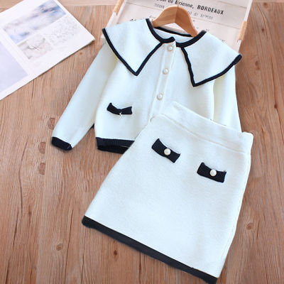 2022 Spring New Girls Fashion Sweater Suit Long Sleeve Cardigan Skirt 2 Pieces Set White Classic Small Fragrance Elegant Suit
