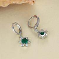 Green Crystal Round Stone Huggie Earrings Cute Female Stars Flower Hoop Earrings Vintage Silver Color Wedding Earrings For Women