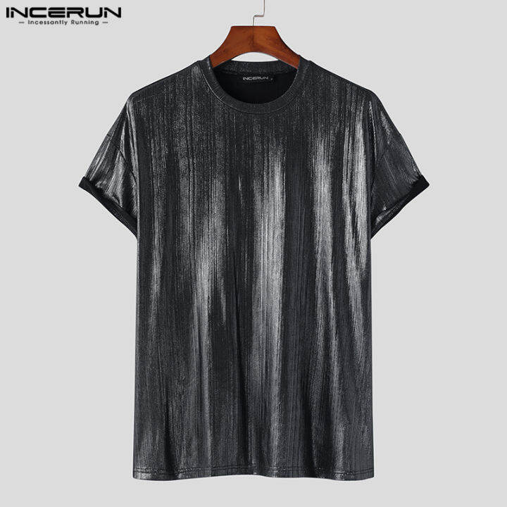 incerun-เสื้อยืดมันเงาคอกลมแขนสั้นสำหรับผู้ชายเสื้อเบลาส์ใส่เที่ยวคลับสำหรับปาร์ตี้สไตล์ตะวันตก-สไตล์ตะวันตก