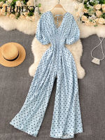 Jumpsuit ผู้หญิงฤดูร้อนใหม่อารมณ์ Polka Dot V คอสูงเอว Casual ขากว้าง Jumpsuit Elegant Party Jumpsuits