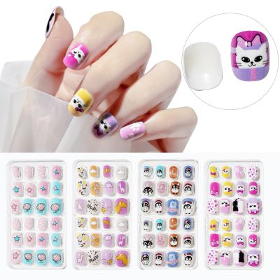 24Pcs Kids Fake Nails Art Decor Children Detachable Oval Wearable Full Cover Self Adhesive Press On Nail Tips Manicure Tools Hot