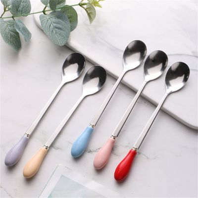 Creative Long Ceramic Handle Stainless Steel Stirring Spoon Lovely Spoon Small Fork Simple Black And White Coffee Spoon Serving Utensils