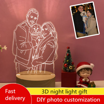 Photo customized 7 color night light 3D LED Lamp wooden base for boy and girl couple Valentines day gift lamps Room decoration