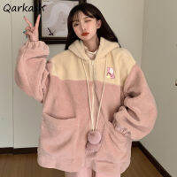 Lambswool Jackets Women Sweet Plus Velvet Thicker Hooded Tops Lantern Sleeve Coat Warm Girls Kawaii Ins Streetwear Chic Ulzzang