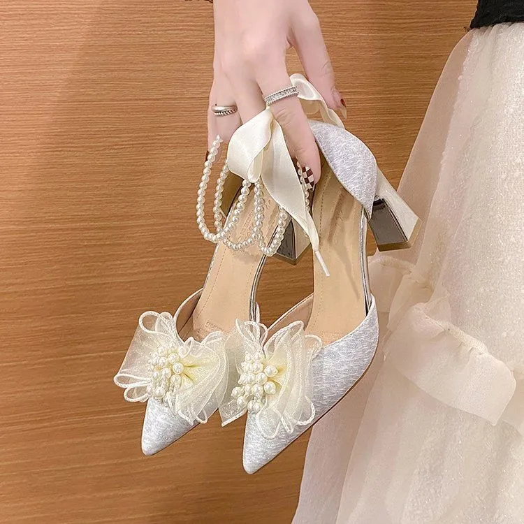 Latest Popular White Wedding Shoes Lace Fashion High Heels Pearl