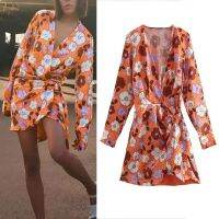 TRAF Woman Flower Print Mini Dress 2023 Summer Sexy Wrap V-Neckline Asymmetric Hem Design Long-Sleeve Ruched Party Short Dress