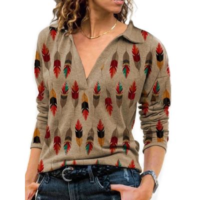 ✳ New Fashion sleeved Turn down Pullover Print Loose Blouses Ladies Office Shirt Street