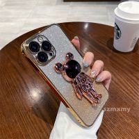 เคสกลิตเตอร์ไล่ระดับสีเคลือบอิเล็คโทรเพลทใส Iphone 14 12 13 11 Pro Max 14Plus พร้อมด้วยฝาหลังนุ่มและขาตั้งมิกกี้ที่มองไม่เห็น