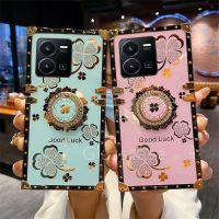 เคสสำหรับ Vivo Y35 Y22 Y22S Y02S Y16 Y02แหวนพลอยเทียมรูปใบโคลเวอร์ป้องกันเคสโทรศัพท์แฟชั่นฝาครอบด้านหลังเคสกันกระแทกที่ยึดสำหรับผู้หญิง