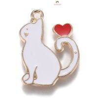 5 pc Alloy Enamel Pendants Kitten with Heart White 25x20x1.5mm Hole: 2mm