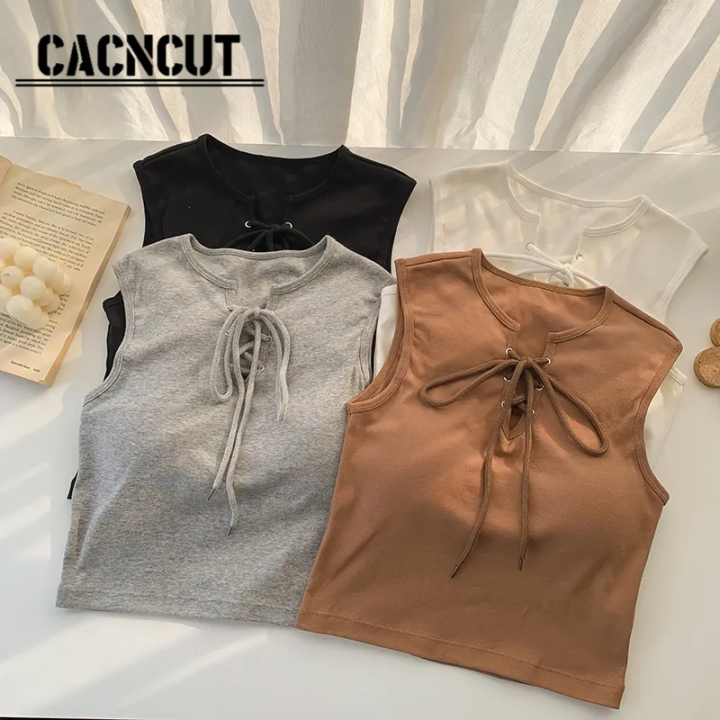 cacncut-สายคล้องไขว้หวานเจ๋งเพรียวบางเสื้อกั๊กขนาดพอดีตัวผู้หญิงดีไซน์ใหม่สัมผัสแบบเฉพาะช่วงฤดูร้อน2023