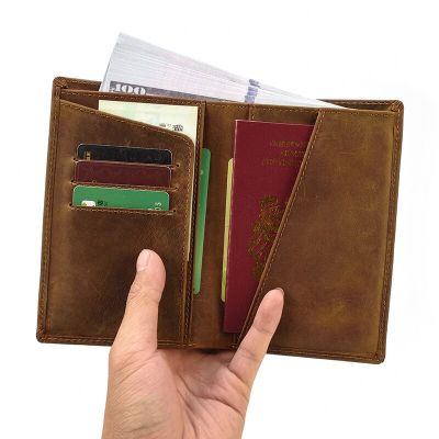 Crazy Horse Leather Cash Passport Card Holder Retro Card Case Man Women Long Wallets Men Cowhide Business Travel Passport Holder Card Holders