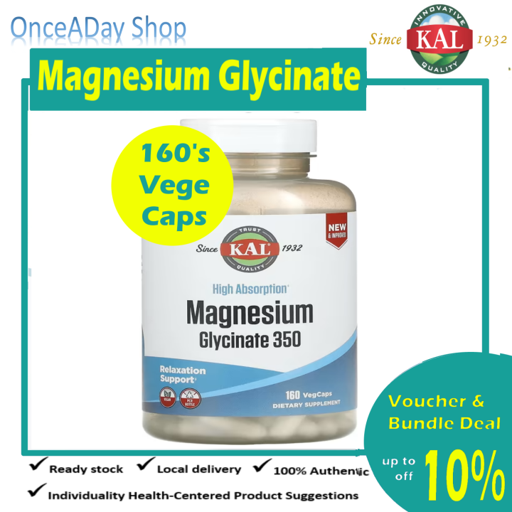 KAL, High Absorption Magnesium Glycinate 350mg, 160 VegCaps, Once A Day