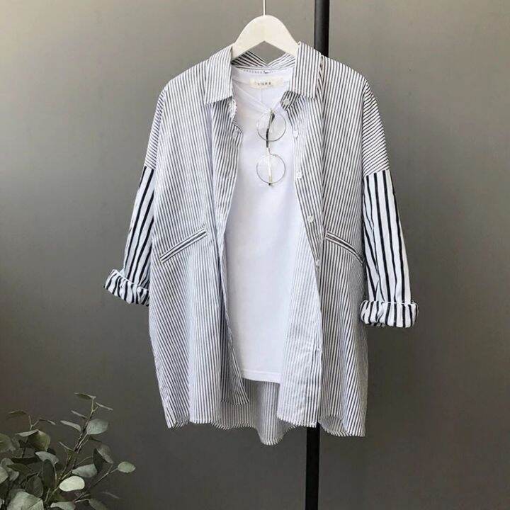 พร้อมส่ง-เสื้อเชิ้ตแขนยาวลายทาง-โอเวอร์ไซส์-คอปก-เสื้อเชิ้ตผู้หญิง-คลุมกันแดด-เชิ้ตยาวเกาหลี