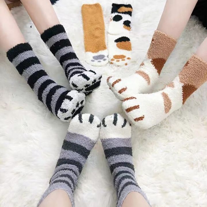 winter-women-cats-paw-stripe-3d-socks-funny-thick-girls-animal-sleep-sock-hosiery-toe-zebra-tiger-floor-socks