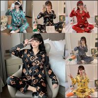 M-2XL Ready Stock Satin Long Sleeve Pajamas Baju Tidur Silk Sleepwear