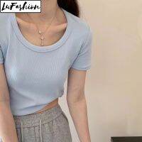 LuFashion เสื้อครอปสำหรับผู้หญิงเสื้อยืดสีพื้นลำลองแขนสั้นผ้าคอตตอนสไตล์เกาหลีฤดูร้อน