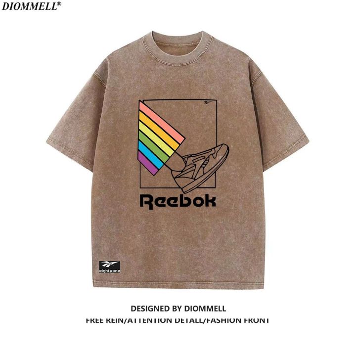 reebok-reebok-เสื้อยืดผู้ชายย้อนยุคสีรุ้งเท้า-คอกลมฤดูร้อนสบายแขนสั้นโอกาส