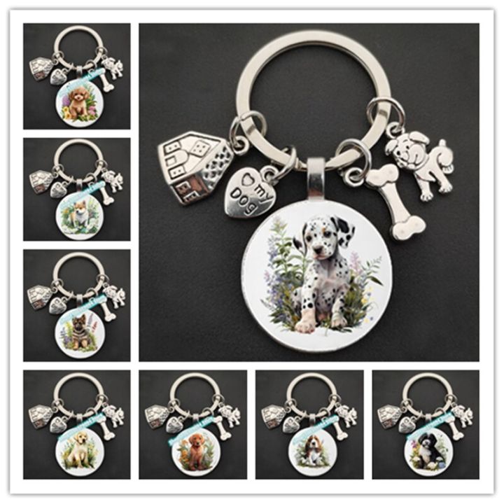 dachshund-bulldog-border-collie-golden-retriever-round-glass-key-chain-cute-dog-house-amulet-i-love-my-dog-pendant-key-chain-key-chains
