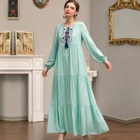 Maxi Dress เย็บจีบมุสลิม Plus Size Dresses Muslimah Robe Women Wear Plain Embroidery Dress