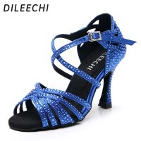 DILEECHI Women Party Dance Shoes Satin Shining Rhinestones Soft Bottom Latin Dance Shoes Black/Blue Salsa Dance Shoes Heel 9Cm