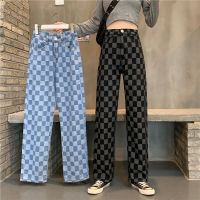 Plus size S-3XL Jeans for women korea fashion checkerboard high waist loose slim wide leg pants